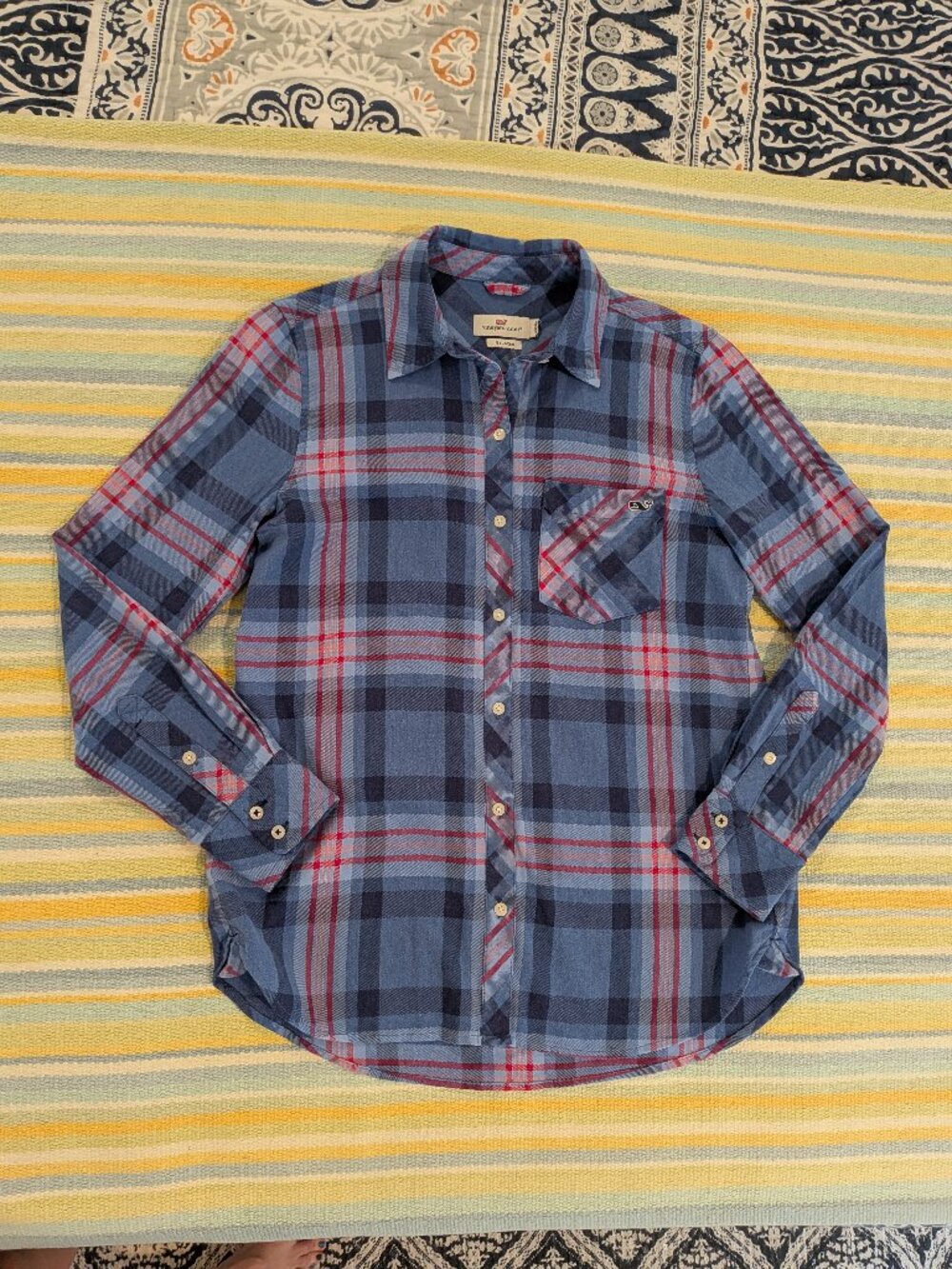 ⭐ Vineyard Vines Whale Pocket Relaxed Plaid Long Sleeve Button Up Shirt Blue Red